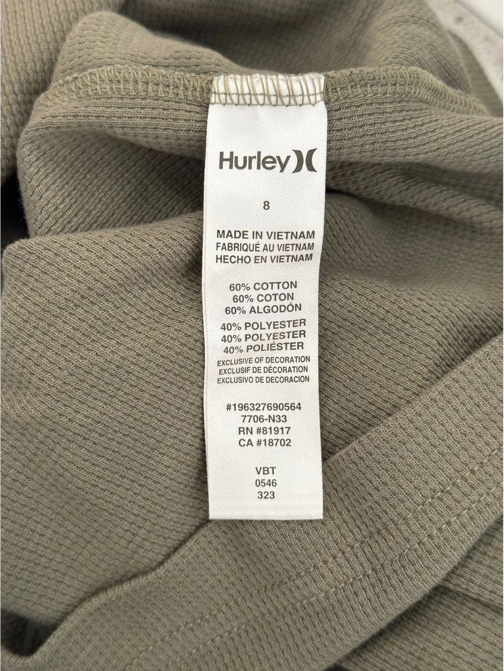 Hurley Boys' Long Sleeve Olive Green Waffle Knit Henley Shirt Size 8